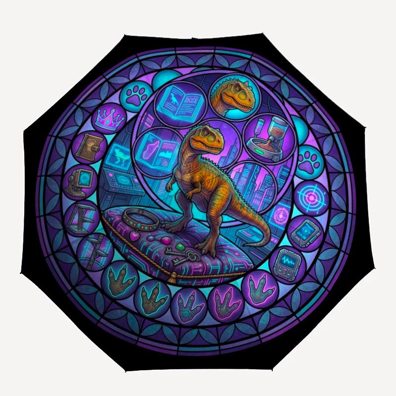 Glass Dinosaur Fantasy pattern umbrella, portable and foldable design, 8 ribs, a casual accessory for Halloween, Christmas, and birthday gifts.