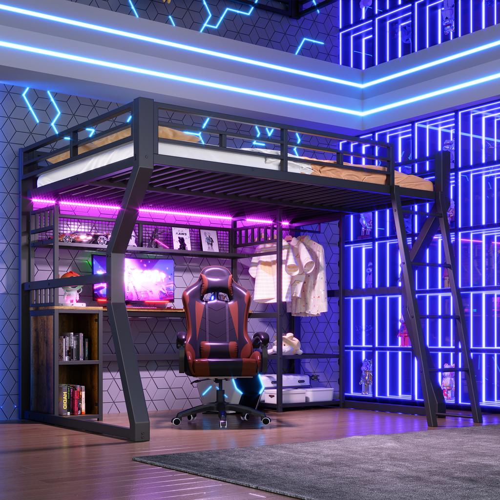 Loft Bed, 140 x 200 cm, Iron Frame, with Light Strip, Power Outlet, Clothes Hanging, Desk, Storage, Open Space Under Bed, without Mattress, Black