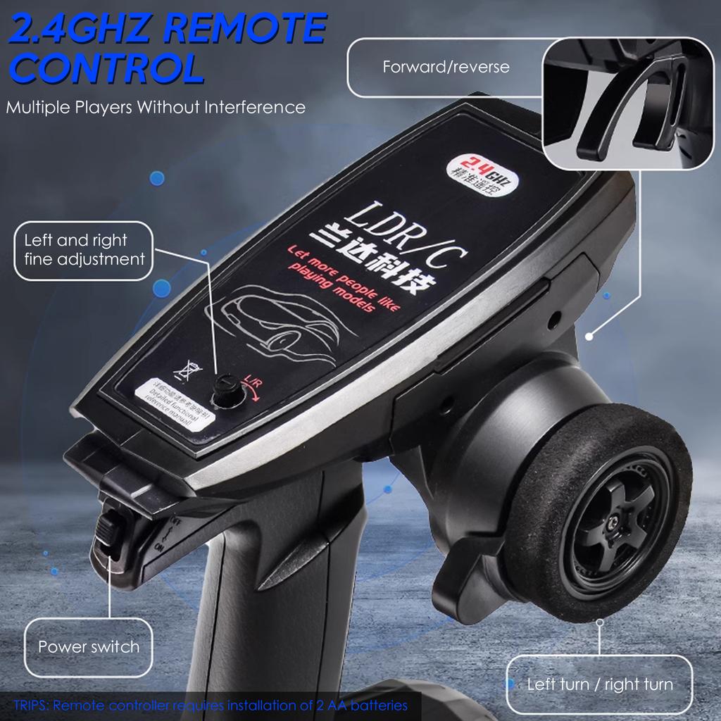 Машинка на радиоуправлении, игрушечная машинка 1/28 2,4 ГГц, полноприводная, со светодиодными фарами, 3 батарейки, шины для дрифта, электрическая