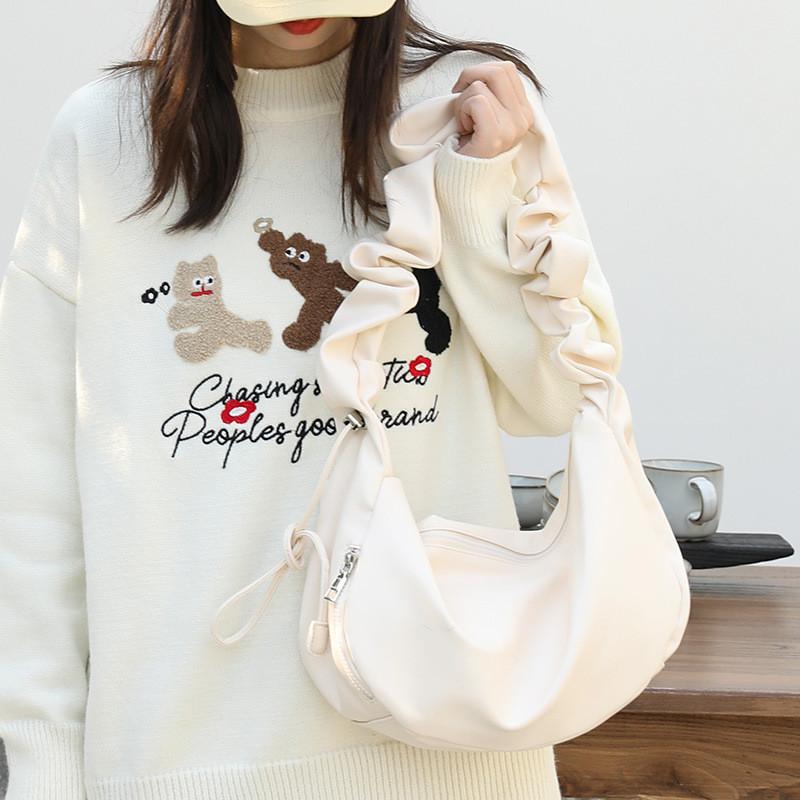 IELGY Korean Version of Casual Soft Leather Dumpling Bag, Fashionable Pleated Shoulder Armpit Bag, Retro Drawstring Messenger Women's Bag