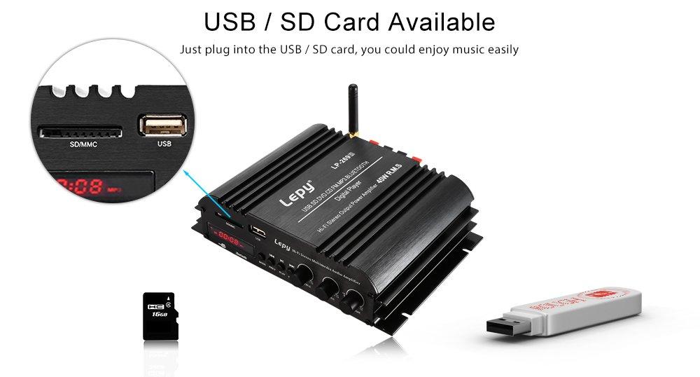 Компактный аудиоусилитель LEPY 4ch с поддержкой Bluetooth, выход 45 Вт x 4 канала, воспроизведение с карты, стереоусилитель мощности, адаптер 12 В 5 А, в комплекте 4.0 USB/SD Hi-Fi