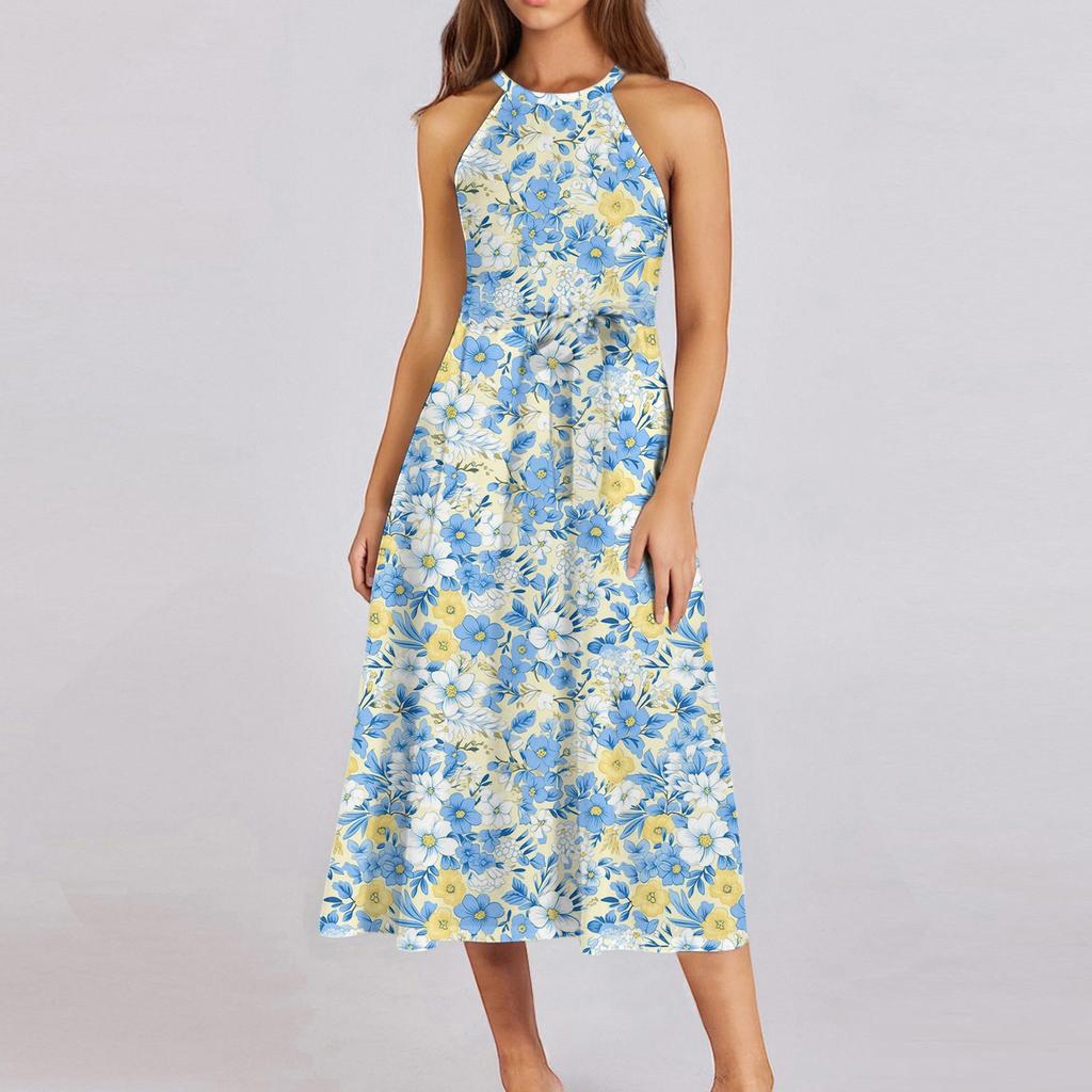 Женское повседневное платье миди с круглым вырезом, классическое, повседневное, без рукавов, свободное платье в стиле бохо с завязками, летний пляжный сарафан