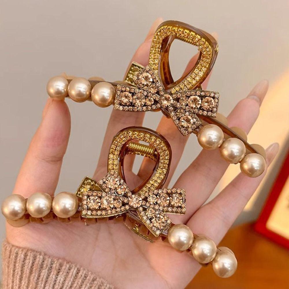 Rhinestone Bow Claw Clip Korean Style Pearl Hair Claw Sweet Large Shark Clip  Ladies