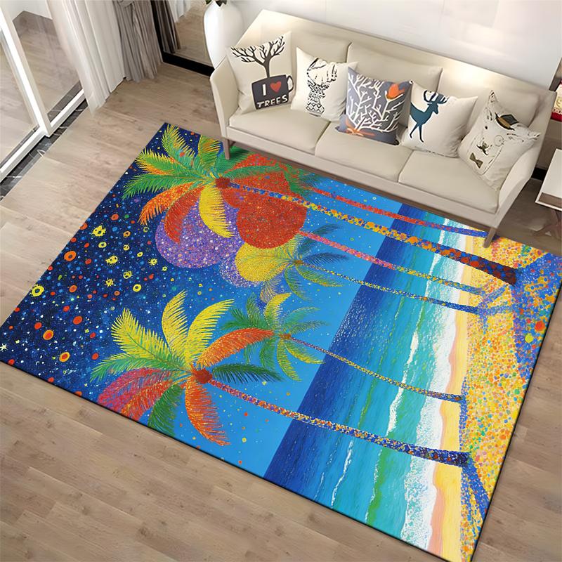 Colorful Beach Scene Carpet with Palm Trees and Starry Sky Design Suitable for use as an anti-slip for living room bedroom sofas