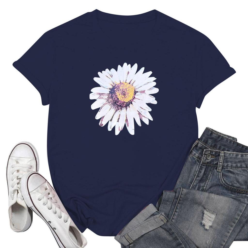 Женская повседневная футболка с принтом хризантемы, пуловер с круглым вырезом, топ с короткими рукавами