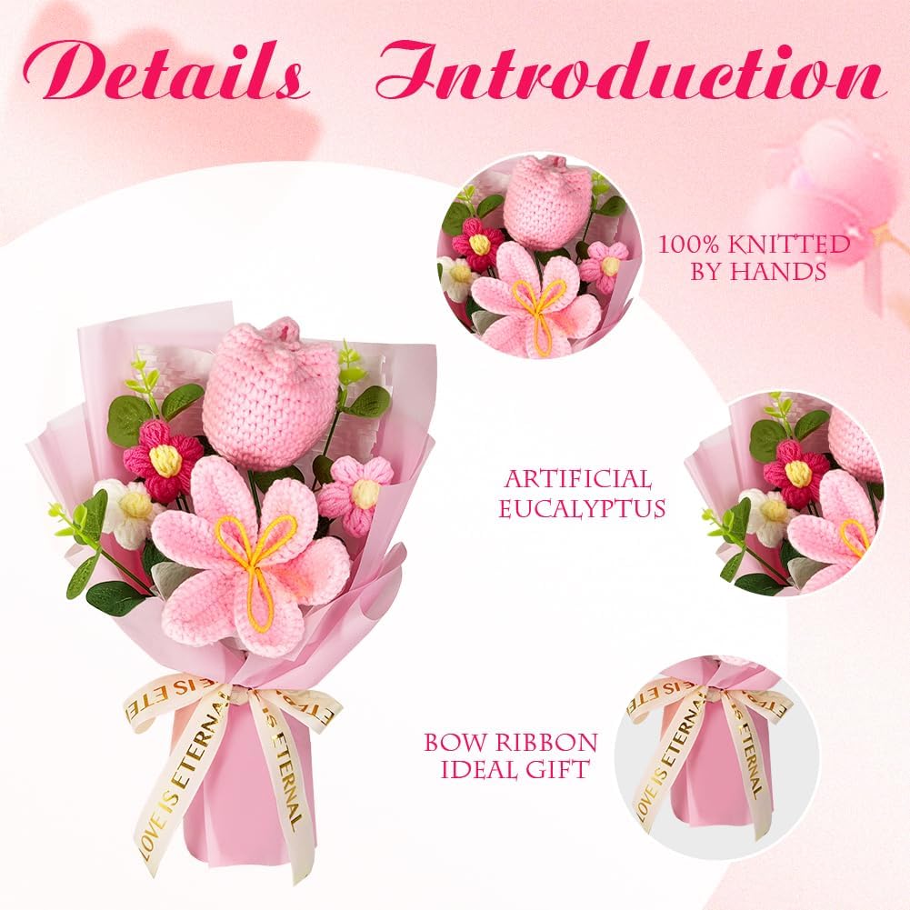 Crochet Flower Bouquet: Completed Crochet Tulip Flowers for Graduation Gifts Birthday Home Decor (Pink)
