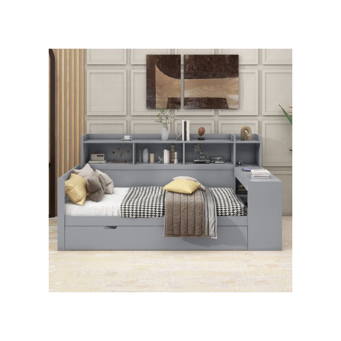 Canapé-lit - MUVOE - 90 X 200 Cm - Gris - Avec Prise USB - 2 Tiroirs De Rangement