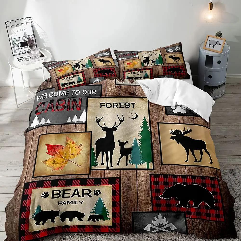 Набор постельного белья с пододеяльником Farmhouse Soft из мягкой ткани, Черный Медведь Олень Лось Лесные Животные Дикая Природа Коттедж Сельский Набор Постельного Белья King, Шалфейный Зеленый Коричневый Клетка