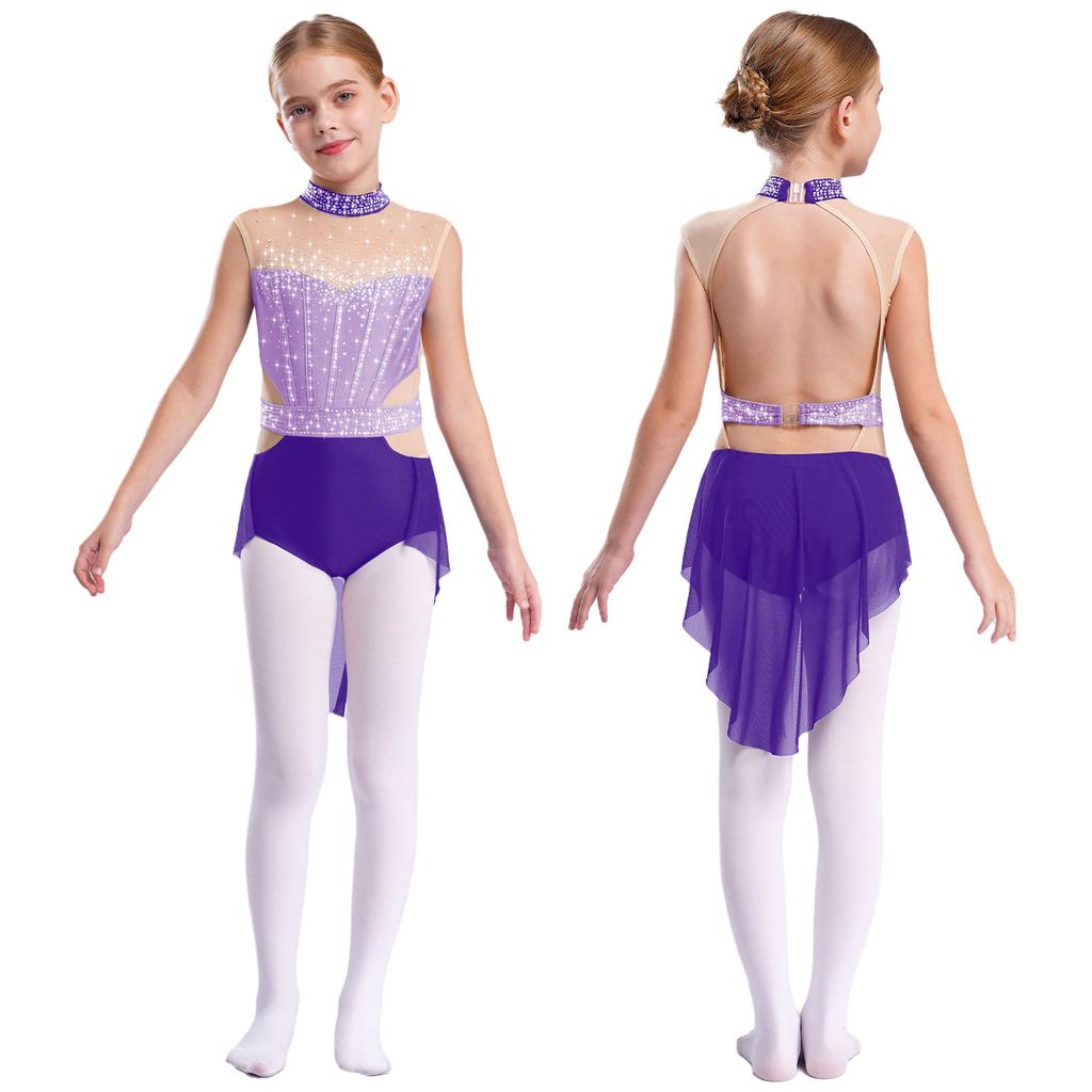 Kids Girls Ballet Gymnastics Dress Rhinestones Mesh Skirted Leotard Figure Ice Skating Jersey Lyrical Dance Performance Costume