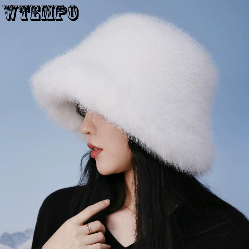 WTEMPO Windproof Cold-proof Thick Warm Bucket Hats Women's Autumn Winter Soft Plush Hats Ear-protecting Flat-topped Hats Outdoor Shopping Hats