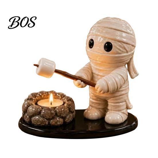 Stable Resin Candle Tray Halloween Campfire Tealight Holder, Mummy Ghost Scarecrow Holder for Tealights Stand Desk, Fall Harvest Table Centerpiece