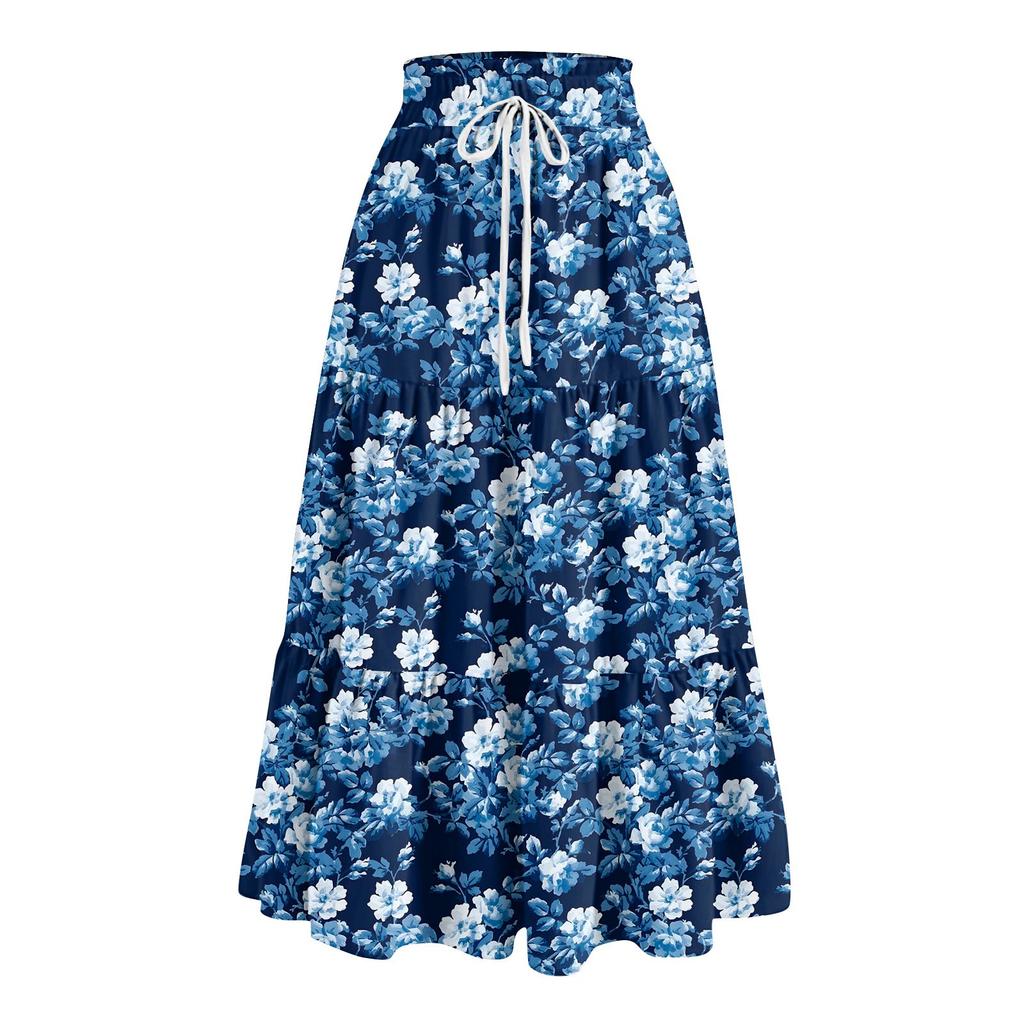 Women's Ruffled Spring Casual Long Skirt Plain Color Skirt Retro Pleated Skirt