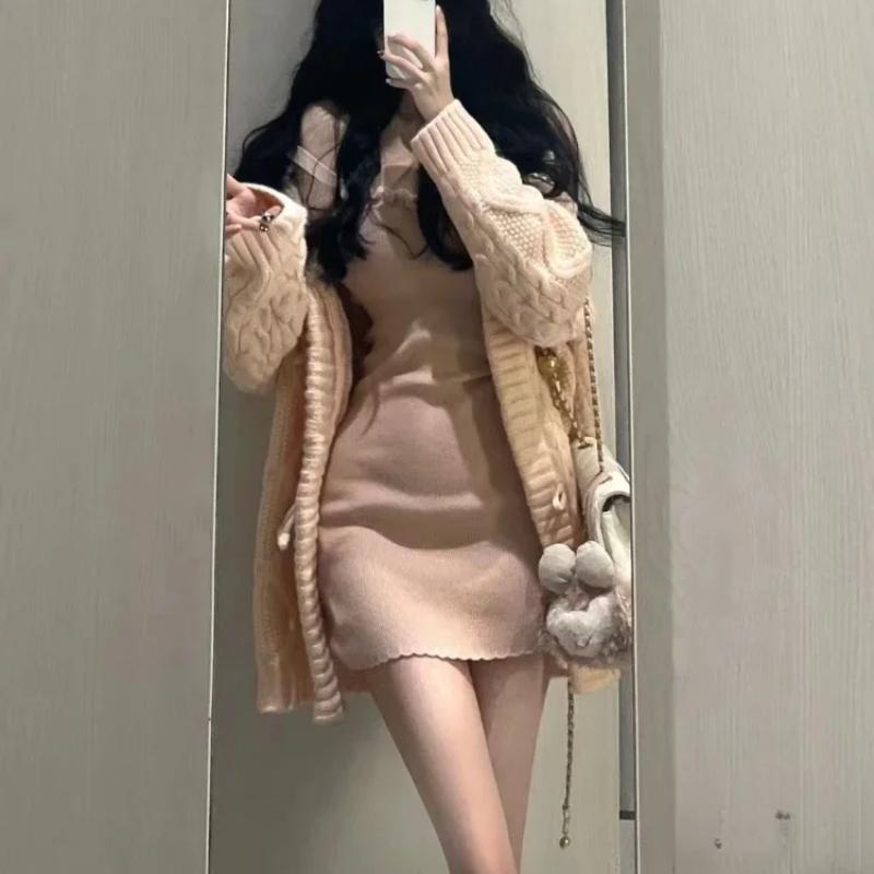 2023 японское милое трикотажное платье, костюмы, женский повседневный свитер с капюшоном, кардиган + Y2k, тонкое сексуальное платье на бретелях, элегантный комплект из 2 предметов, новый