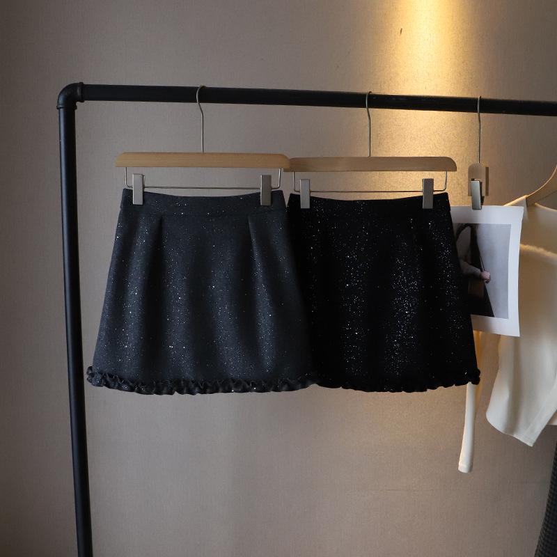 Bi Zheng 2024 Блестящая твидовая мини-юбка с кружевом, маленькая, облегающая