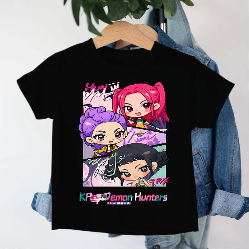 New 2026 KPop Demon Hunters Saja Boys Cartoon Boys Tshirt Round Neck Print Fashion Casual Top Childrens Tshirt Kids Clothing