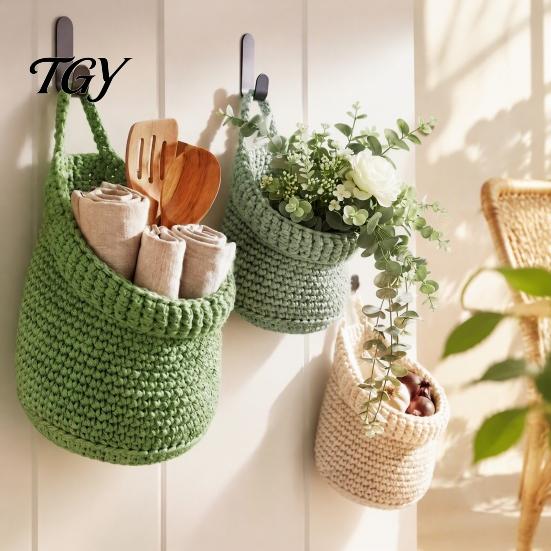 Wall Mounted Storage for Nursery 3PCS Woven Hanging Bag, Natural Cotton Rope Fruit Baskets, Organizer Hair Accessories Boho