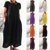 O Neck Sleeveless Loose Cotton Linen Pocket Long Dress Solid Color Women