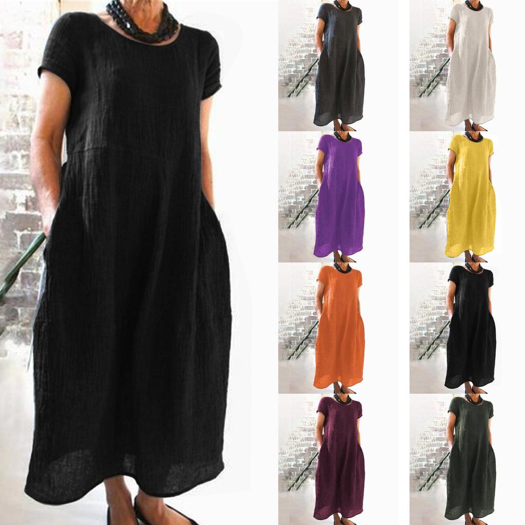 O Neck Sleeveless Loose Cotton Linen Pocket Long Dress Solid Color Women