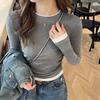 Splicing Side Pleated Long-sleeved Bottoming Shirt Women's Autumn and Winter New Springtime Clothing Slim-fitting T-shirt Contrasting Top
