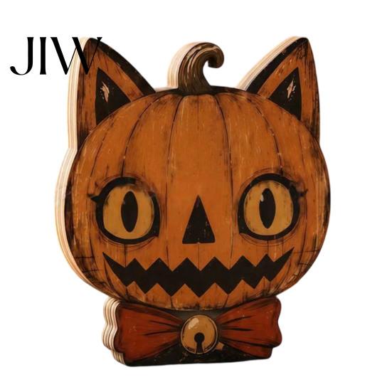 Premium Solid Wood Art Halloween Wooden Ornaments, Distressed Pumpkin/Cat Decorations, Desktop & Wall Durable Tabletop Decors for Autumn Harvest