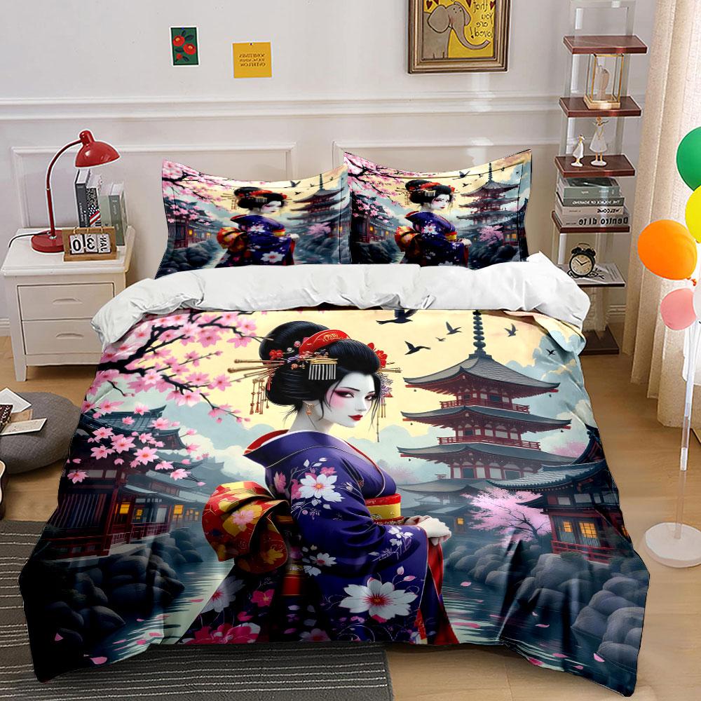 Geisha in Floral Kimono Scene Bedding Duvet Cover Set (1*Duvet Cover 2*Pillowcases, without duvet insert)