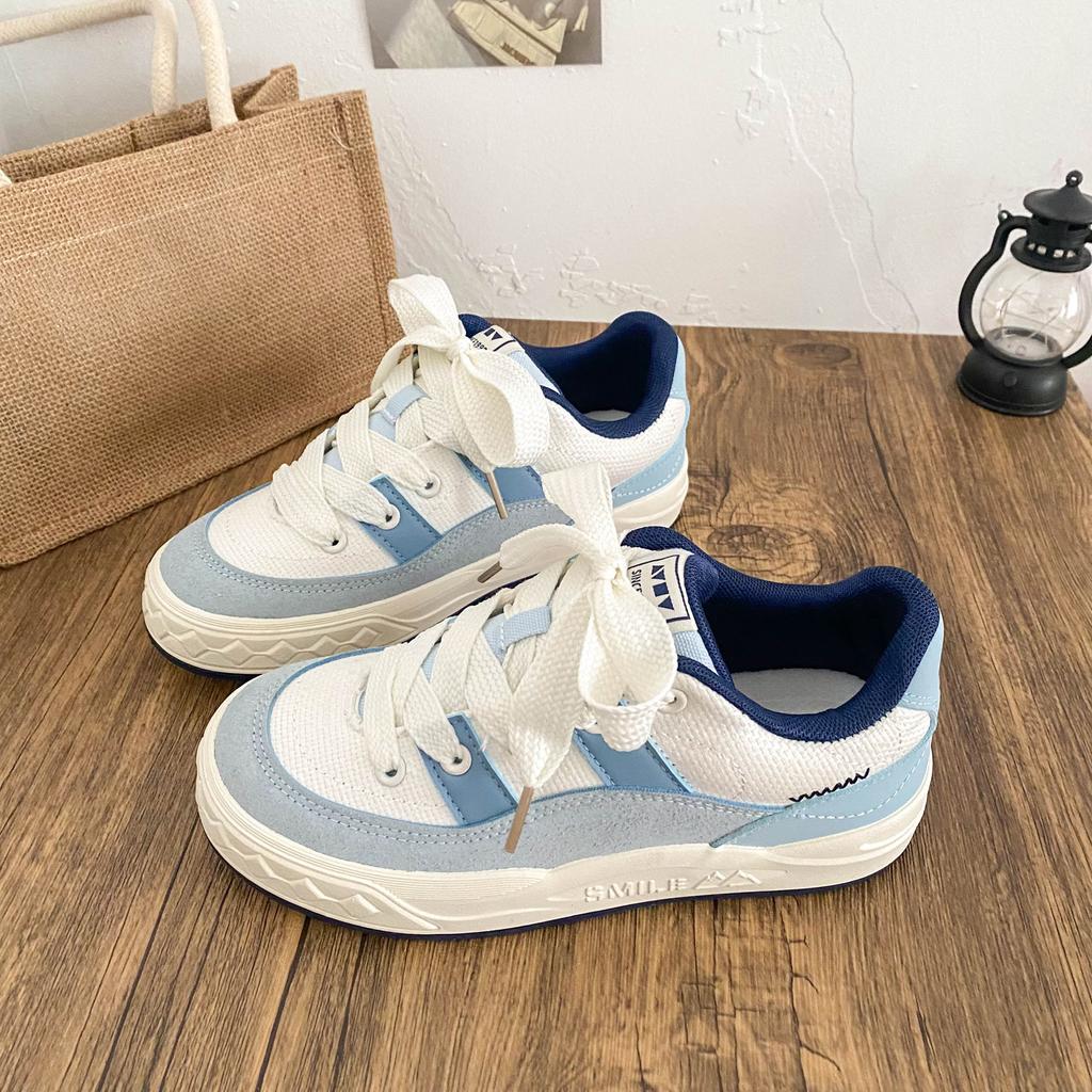 BE-6832 latex insole/2025 spring new bread shoes women's shoes board shoes niche round head casual white shoes
