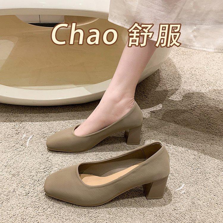 2025 new women's shoes square head shallow mouth leather surface thick heel high heels spring and autumn four seasons women's single shoe manufacturer