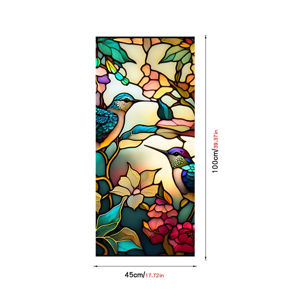 Retro Colorful Hummingbird Flower Stained Glass Window Film Non-adhesive Window Film Decorative Static Cling