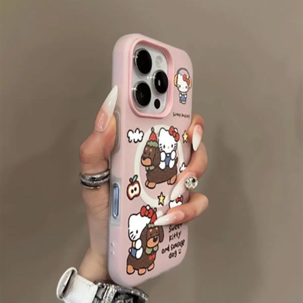 Магнитный чехол Hello Kitty и Собака для iPhone 17 Pro Max, 16, 15 Pro, 14 - Милый мультяшный дизайн