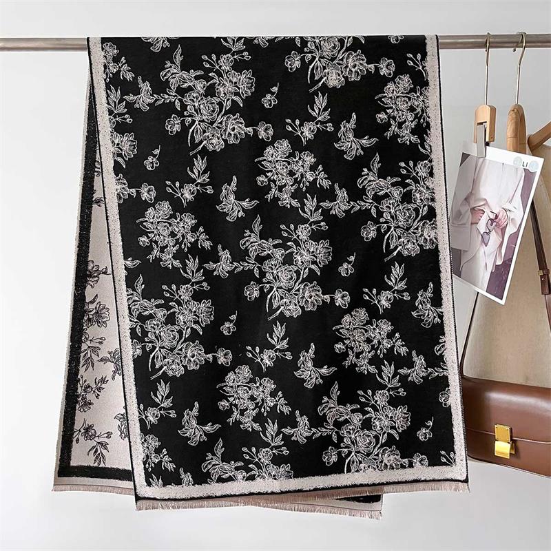 Winter Women's Retro Warm Shawl Elegant Floral Scarf Women Thick Blanket Wrap Tassel Female Long Scarf