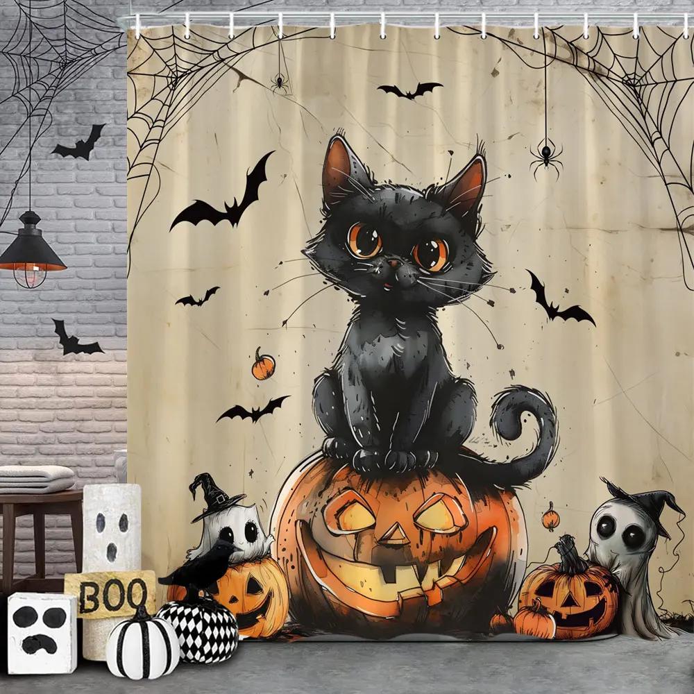 Scary Halloween Shower Curtain Vintage Skulls Eagles Pumpkins Roses Boho Polyester Fabric Bath Curtain Bathroom Decor with Hoo