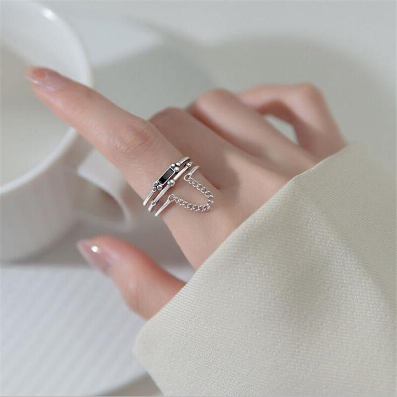 New Retro Multilayer Black Rectangular 925 Sterling Silver Jewelry Personality Geometric Domineering Chain Opening Rings Tyb31