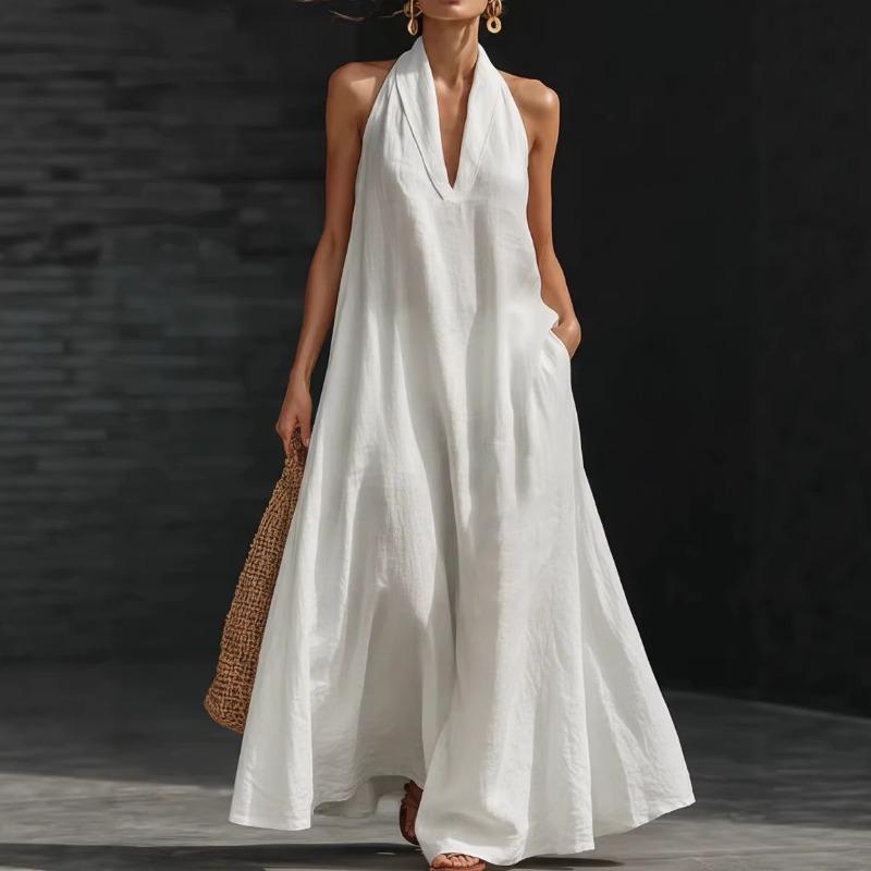 Elegant V Neck Loose Dresses Summer Women's 2026 New Neck-Hanging Long Holiday Party A-line Dress Women Street Chic Youth Loose Fashion Dress