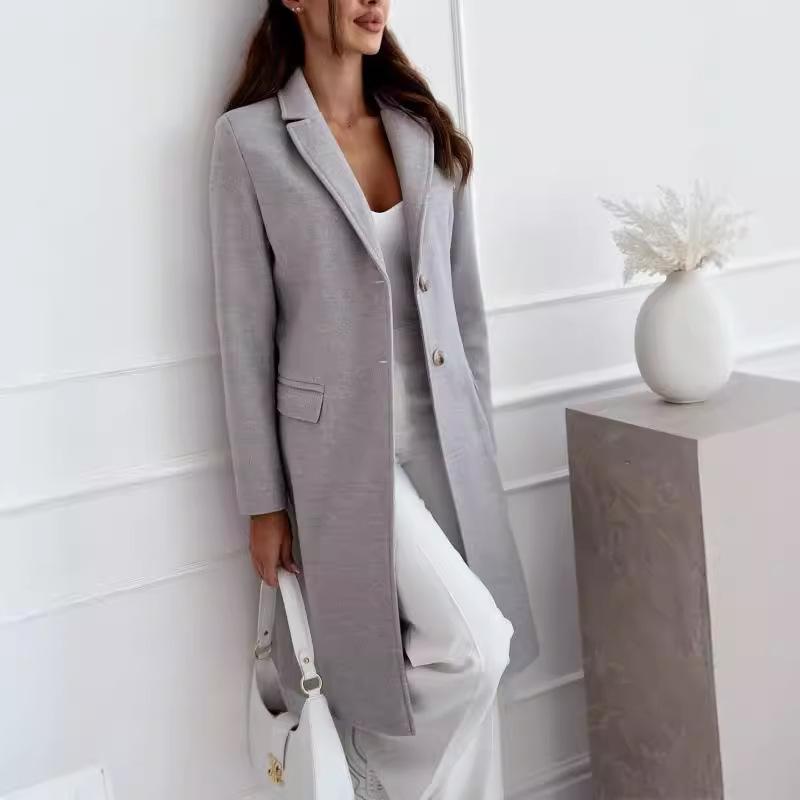GMXIA Autumn Winter Simple Solid Color Medium Long Button-wool Coat Coat Women