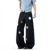 Womens Retro Floral Embroidered Washed Denim Pants Loose Straight Leg Jeans Teens 2026