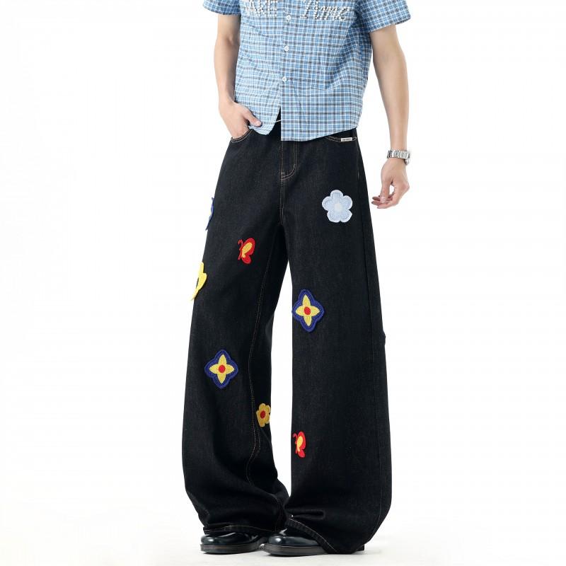 Womens Retro Floral Embroidered Washed Denim Pants Loose Straight Leg Jeans Teens 2026