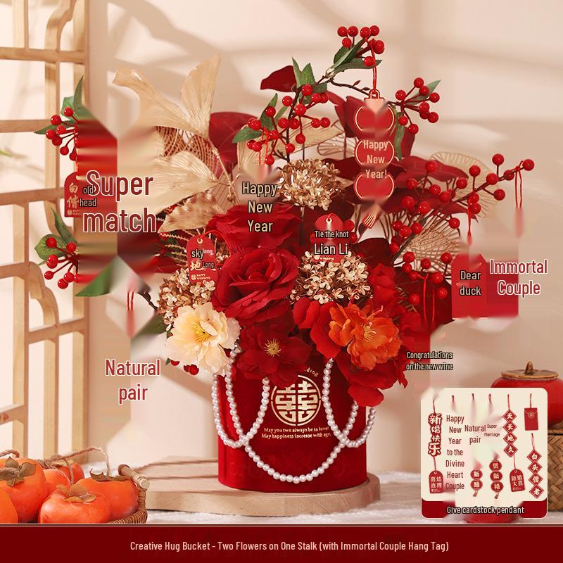 Engagement & Wedding Ornaments: Room Decor Bouquet & Double Happiness Bucket Set for Newlyweds - Ideal for Master Bedroom & Living Room.