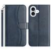 For iPhone 16 Stand Case with Strap PU Leather Wallet Phone Cover S Shape Stitching Design - Black