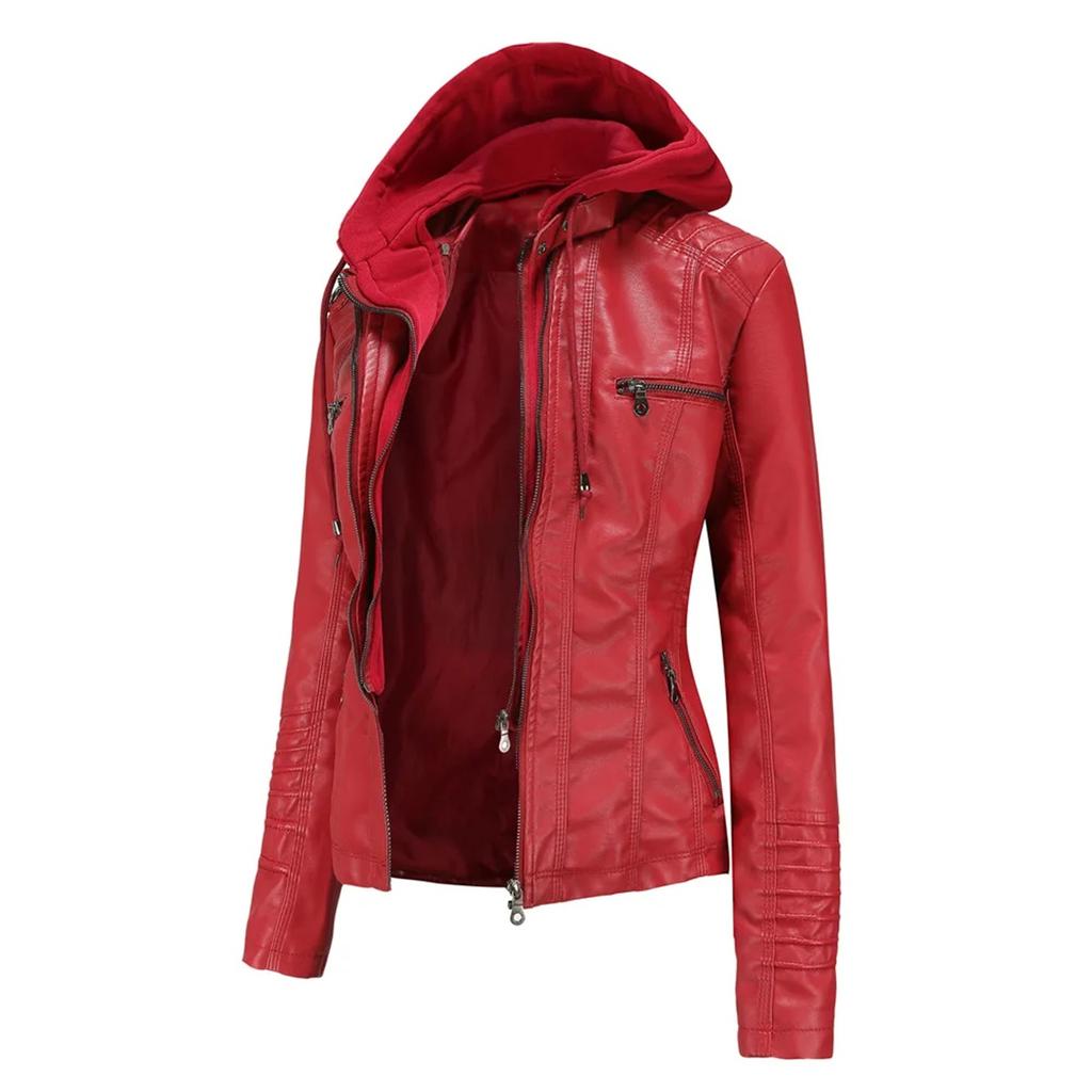 Women Faux Leather Jackets Hooded Full Sleeve Slim Fit Jacket Zipper Spliced Coats Solid Casual Streetwear Autumn