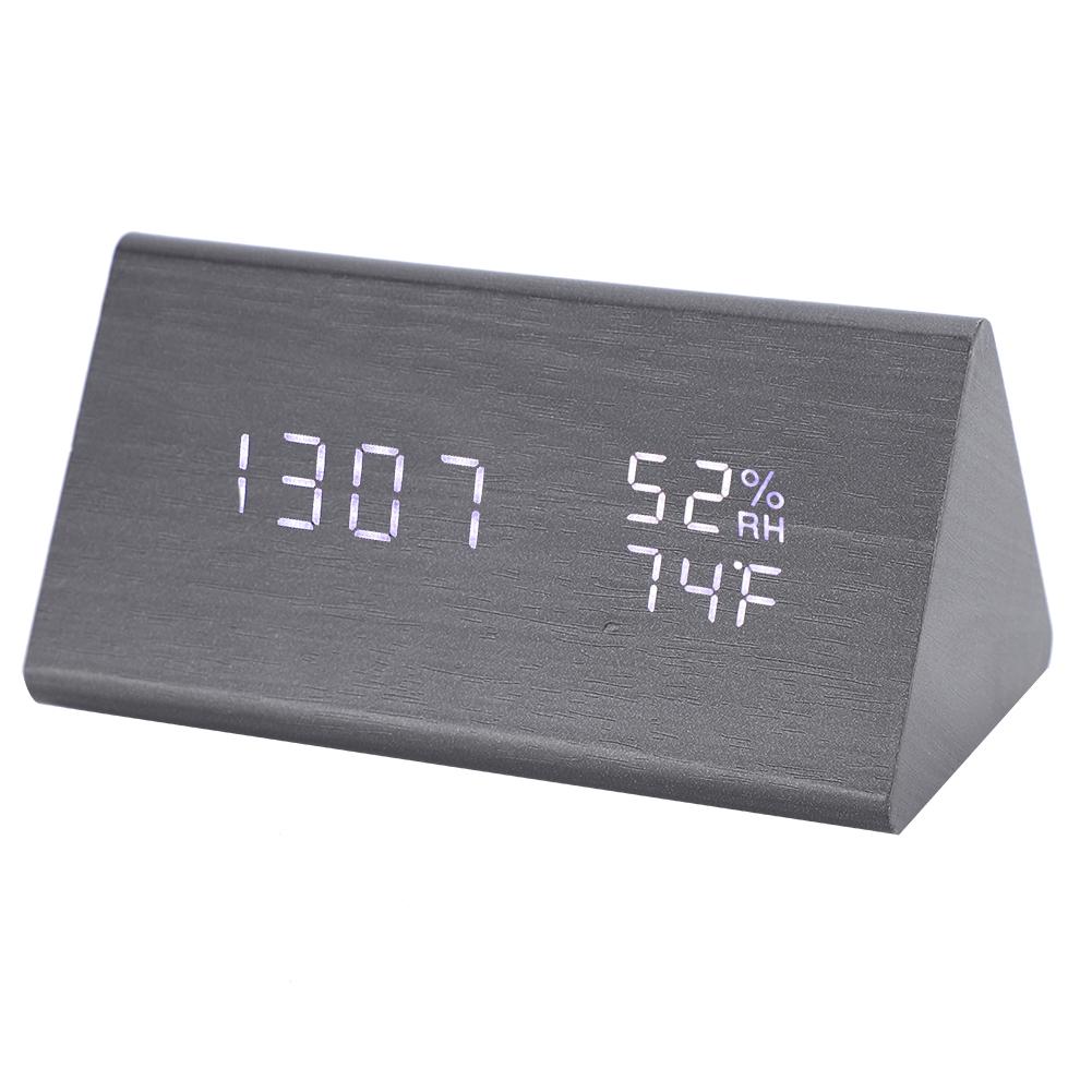 Digital LED Wood Desk Clock Voice Control Triangular Temp Humidity Alarm White Light
