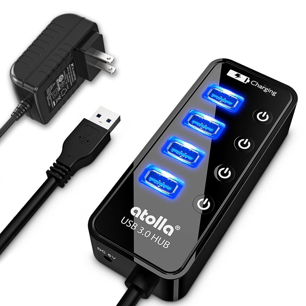 USB Hub with Power Atolla USB Expansion 1 Charging Port USB Hub with Independent Switch and AC Adapter 3.0 Supply, 4-Port High-Speed 3.0 + 5V/3A