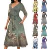 Women's Casual Fashion V Neck Three Quarter Sleeve Print Midi Dress