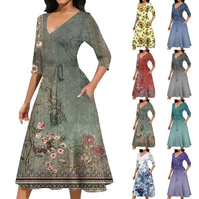 Женское повседневное модное платье миди с V-образным вырезом и рукавом три четверти