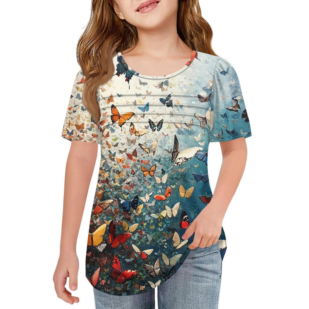 Детские футболки-складки, летние футболки с короткими рукавами и круглым воротником, с принтом цветов, пальто для отдыха