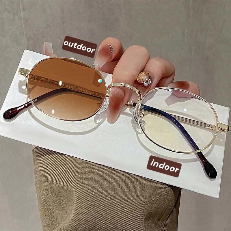 Fashionable And Elegant Photochromic Myopia Glasses Women Retro Oval Small Frame Anti Blue Light Glasses Diopter To -4.0