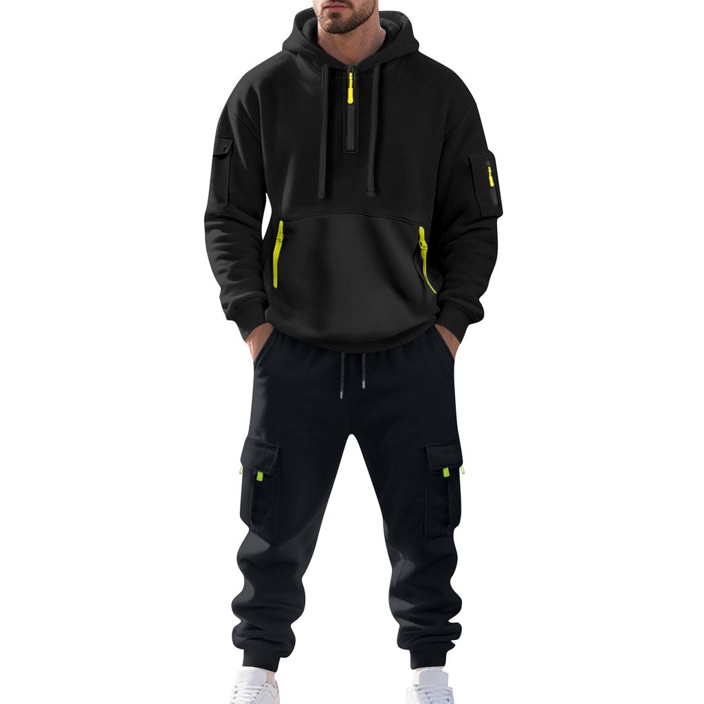 Men's Solid Color Casual Suit Loose Sports Hooded Sweatshirt With Pockets Multi Pocket Overalls Suit