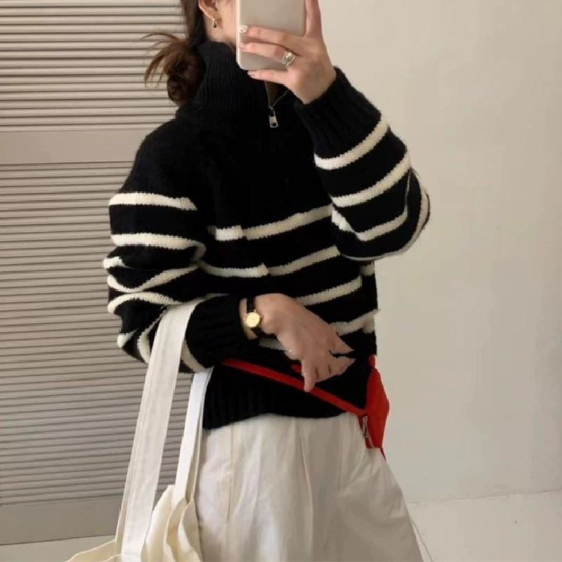 Autumn and Winter New Striped Semi-turtleneck Zipper Knitted Sweater Women's Casual Loose Lazy Wind Pullover Sweater