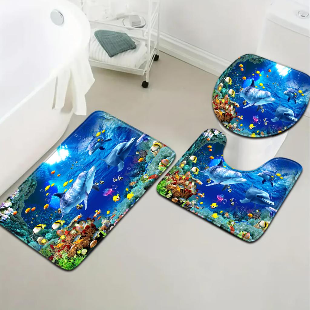 3pcs Underwater World Series Colorful Jellyfish Dolphin Pattern Bathroom Mat Set Toilet Seat Cover U-Shaped Foot Pad