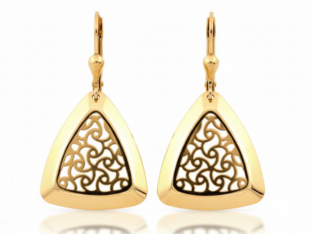585 gold earrings, hanging, timeless, decorated with openwork triangles and satin