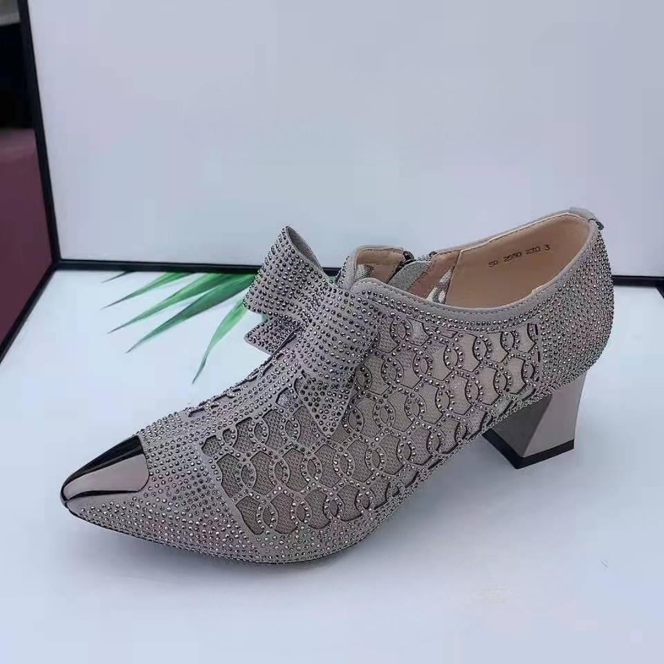 Women's Summer New Block Heel Mesh Breathable Medium Heel Single Shoes Bow Metal Pointed Toe Cutout Breathable Pumps